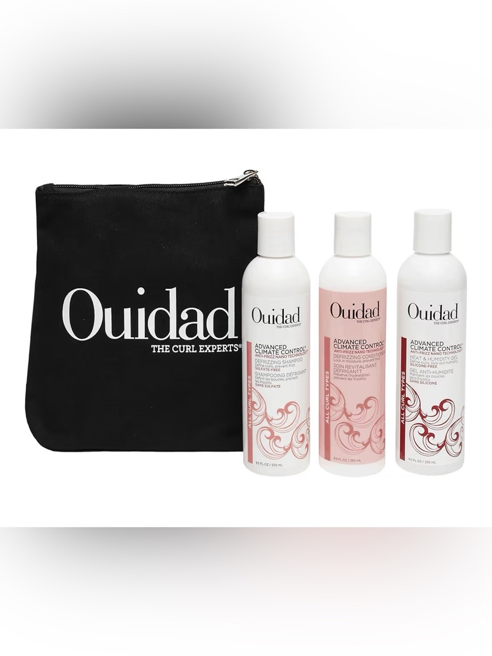 Ouidad Advanced Climate Control Shampoo, Conditioner, and gel Set  with bag
